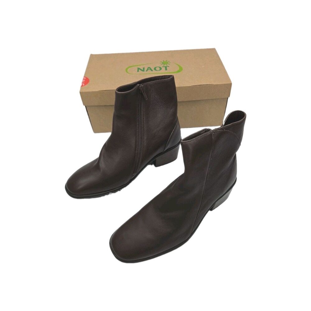 Naot Goodie Ankle Boots Brown Leather Women Sz 8 EU 39 Side Zip 2" Heel NEW